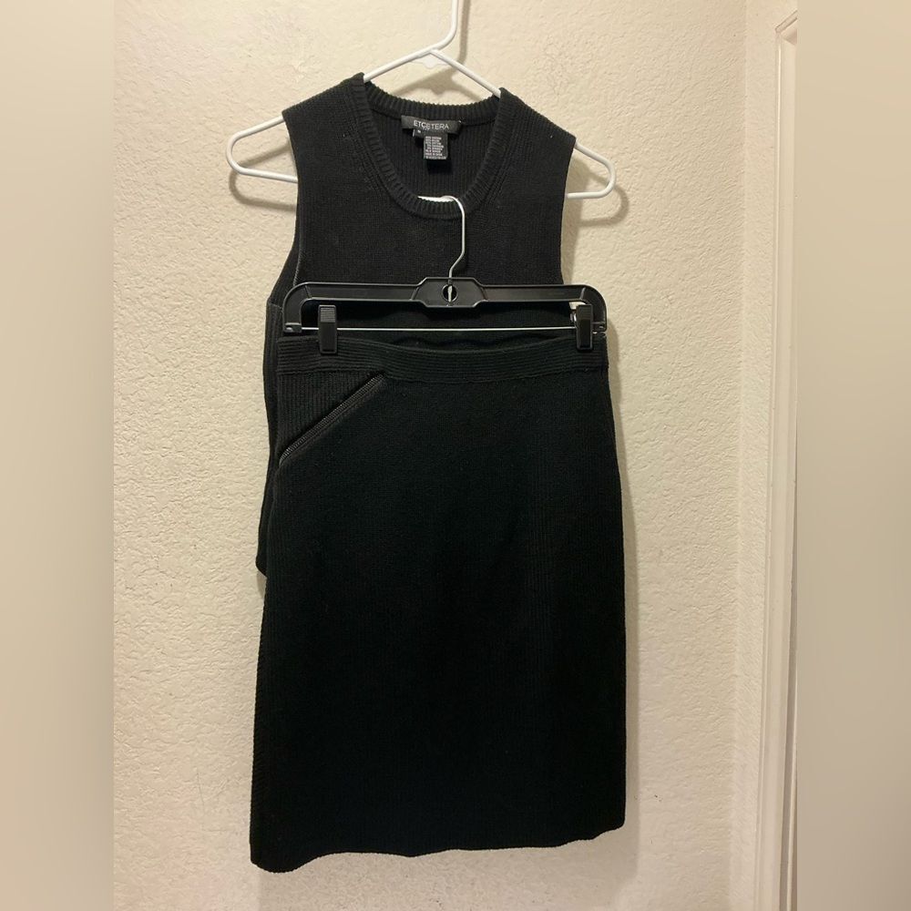 Etcetera asymmetrical top and skirt set black cable knit zip accent size S
